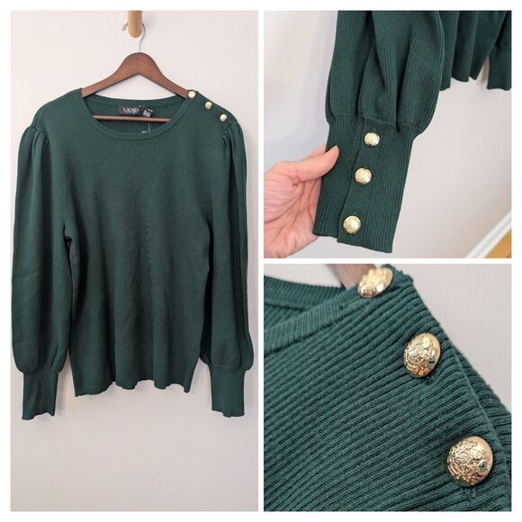 Lauren Ralph Lauren Sweaters - Lauren Ralph Lauren Puff Sleeve Sweater 2X Green Holiday Gold Buttons Preppy NWT